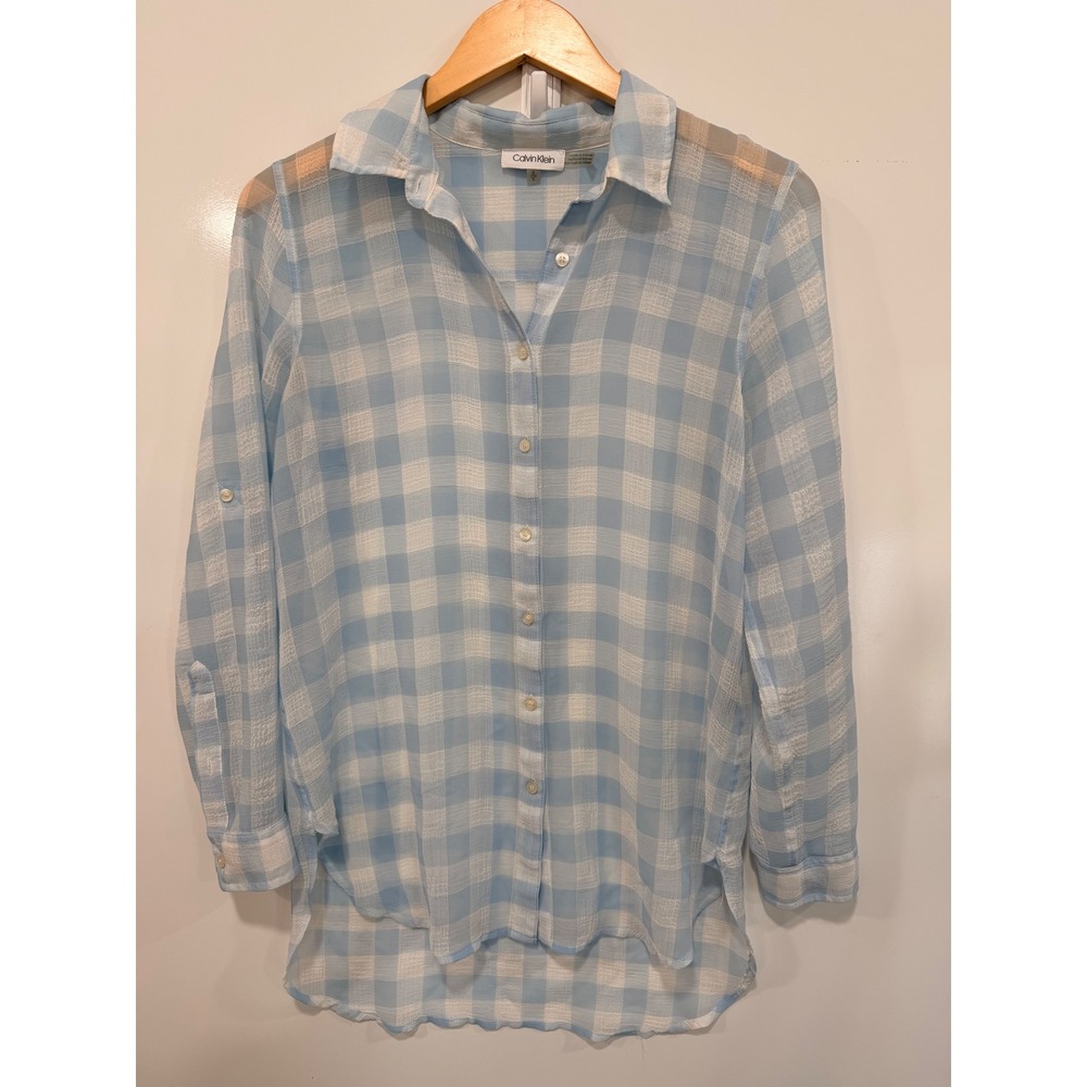 Calvin Klein Blue White Gingham Plaid Roll Tab Sleeve Button Down Shirt Small